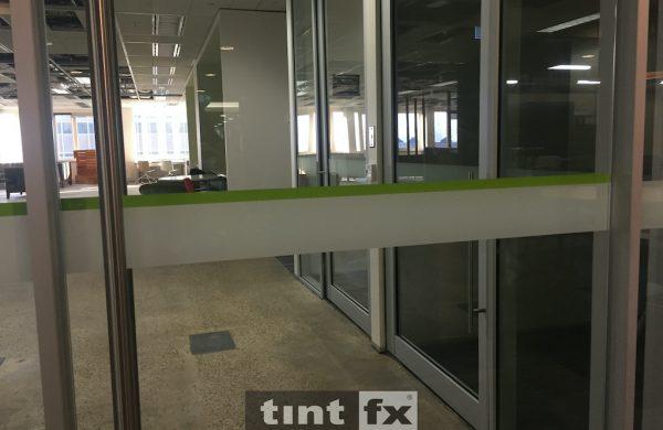 Commercial Window Tinting - Safety Banding - Green and White Vinyl - Stone and Chalk - Schiavello - Sydney - TintFX detail