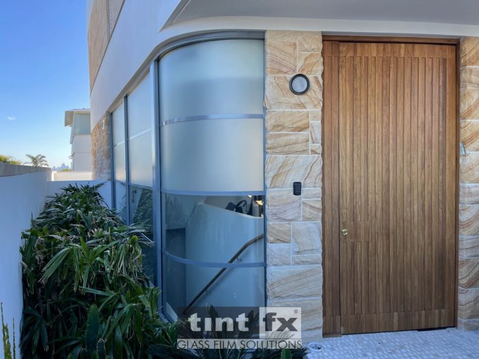 Residential Window Tinting - Privacy Frosted Window Film - Metamark M7 Silver Etch - curved glass panels - Vaucluse - TintFX